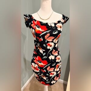 Black Floral Sheath Mini in Red & Pink